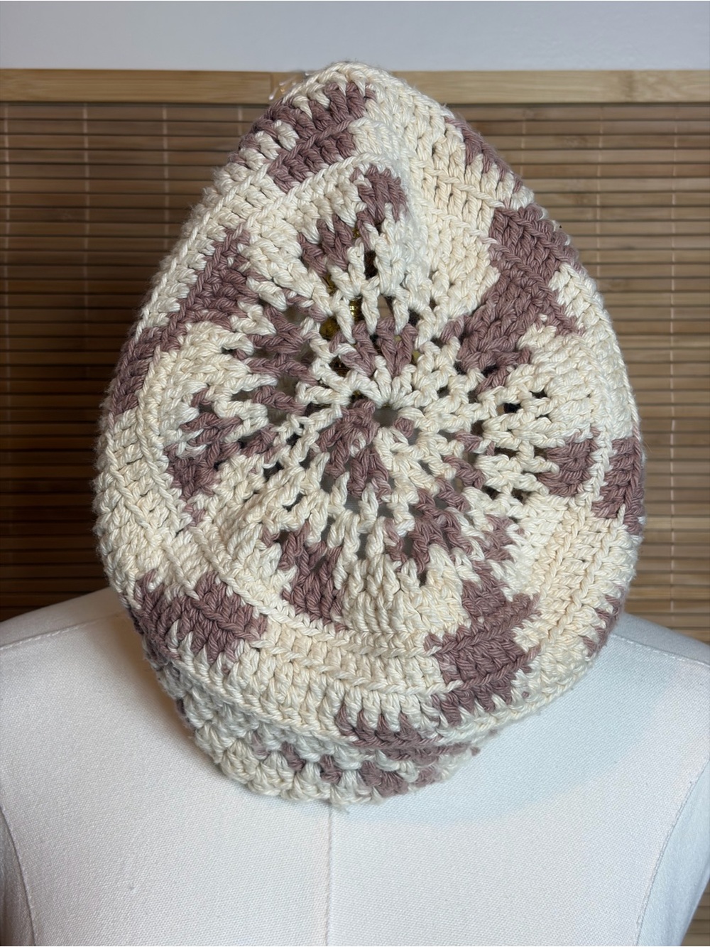 Crocheted Slouchy Beanie in Cream and Dusty Pink Beret Style Flaw Read